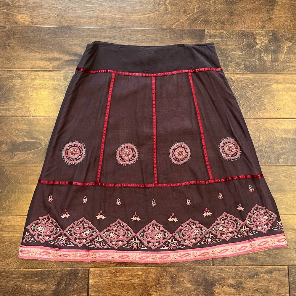 Anthropologie A-Line Embroidered Skirt